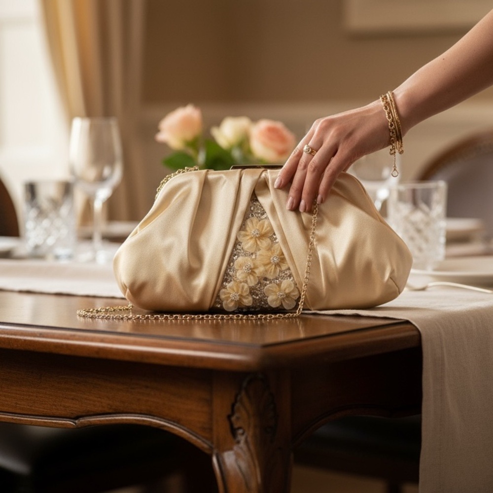 New Badgley Mischka Gold Satin Clutch w/ Pearl Flowers NWT Retail $179 - Picture 4 of 12